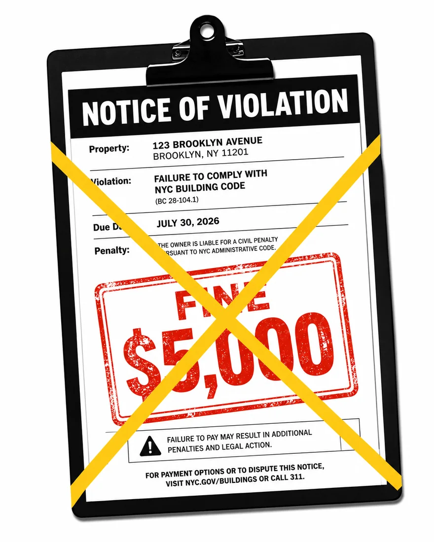A $5,000 New York City notice of violation on a clipboard, crossed out
